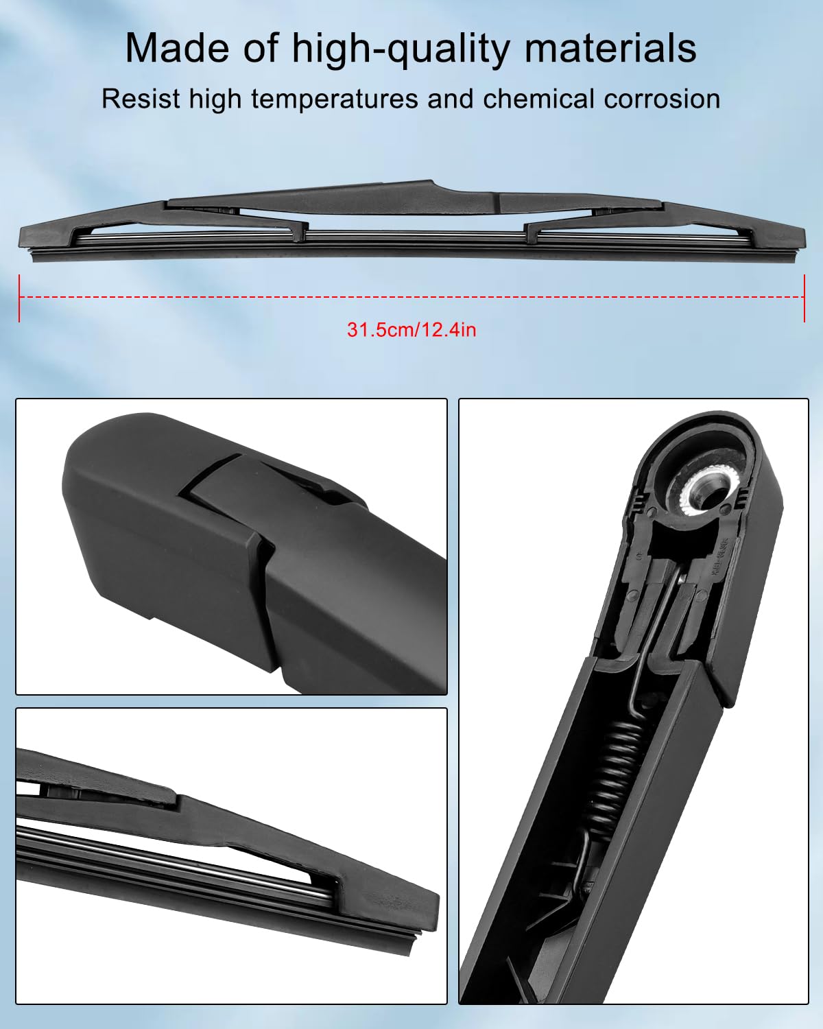 TIKSCIENCE rear wiper arm assembly close-up emphasizing vibration-dampening for quieter driving.