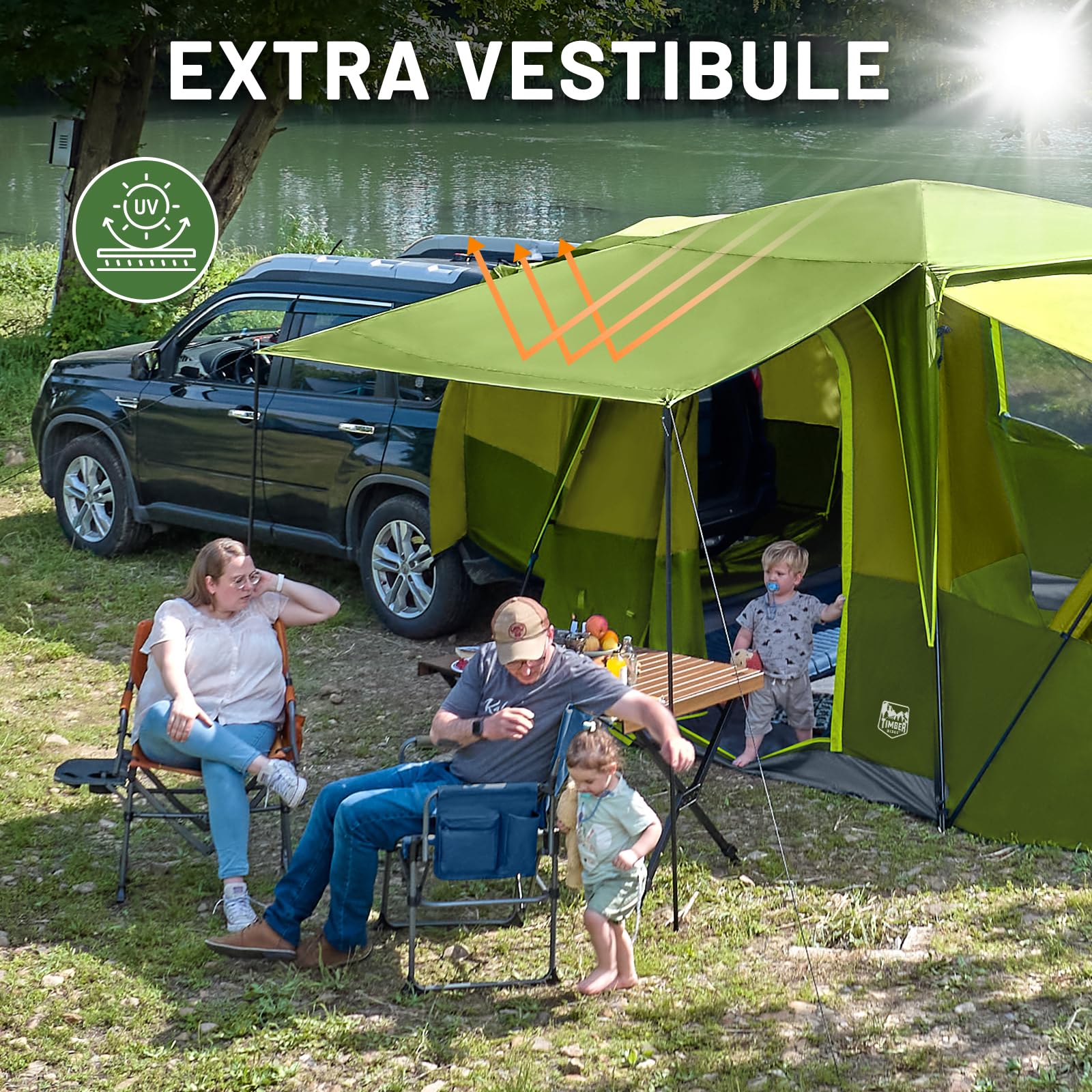 Timber Ridge SUV tent awning creates shade and protected entry area.