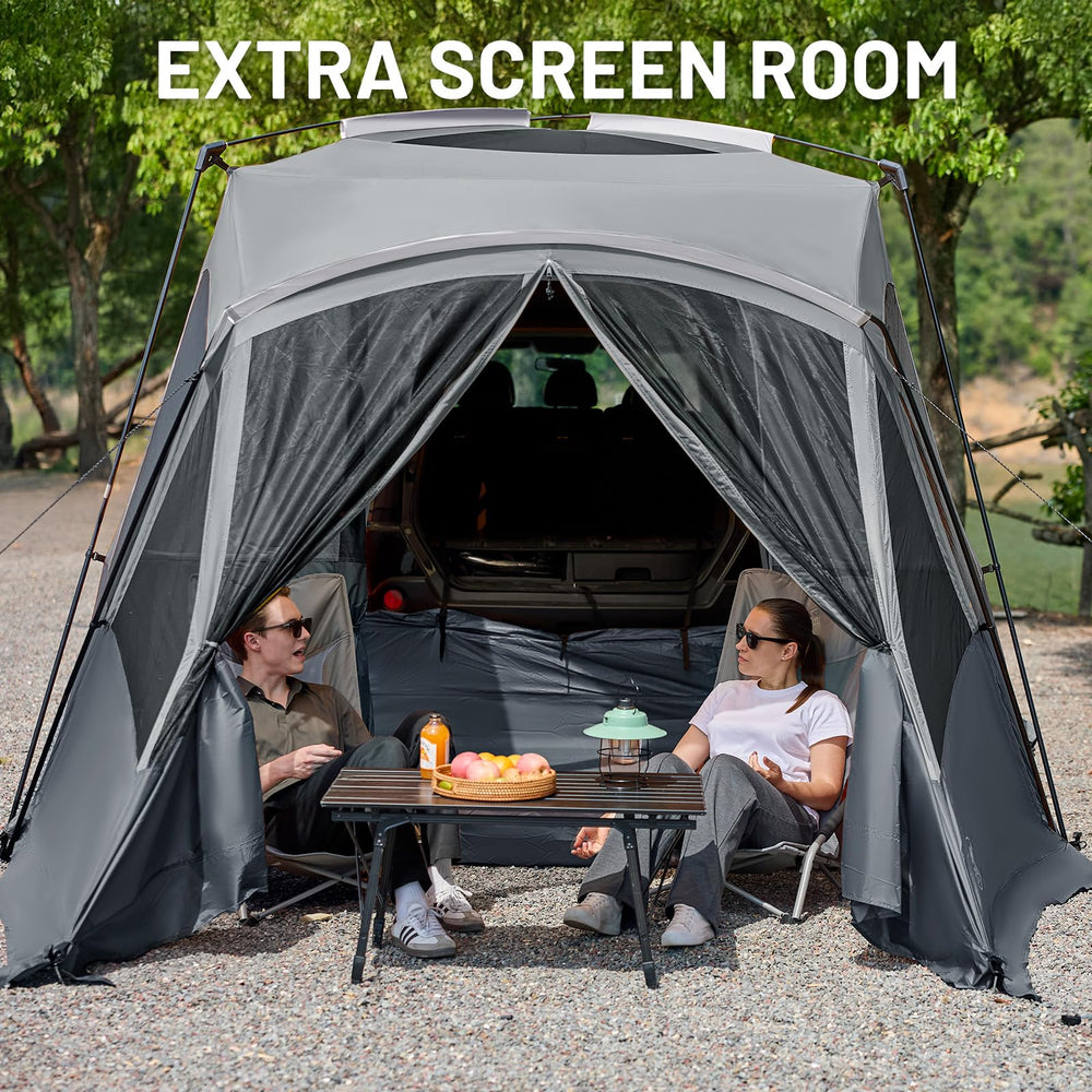 TIMBER RIDGE SUV Tent screen porch highlights shaded area for shoes and chairs.