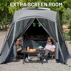 TIMBER RIDGE SUV Tent screen porch highlights shaded area for shoes and chairs.