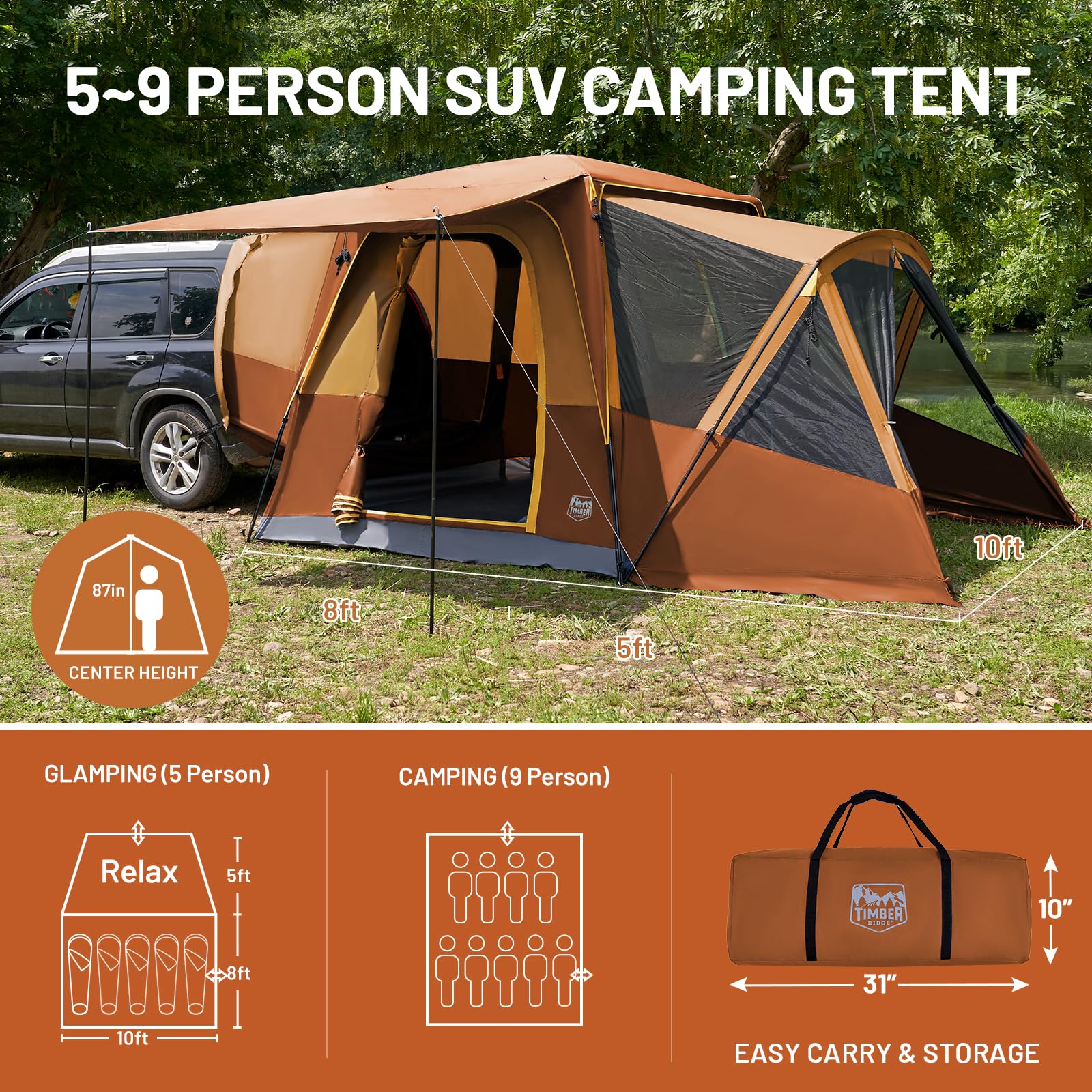 Timber Ridge SUV Tent screen porch showcases 6x8 ft protected lounge area.