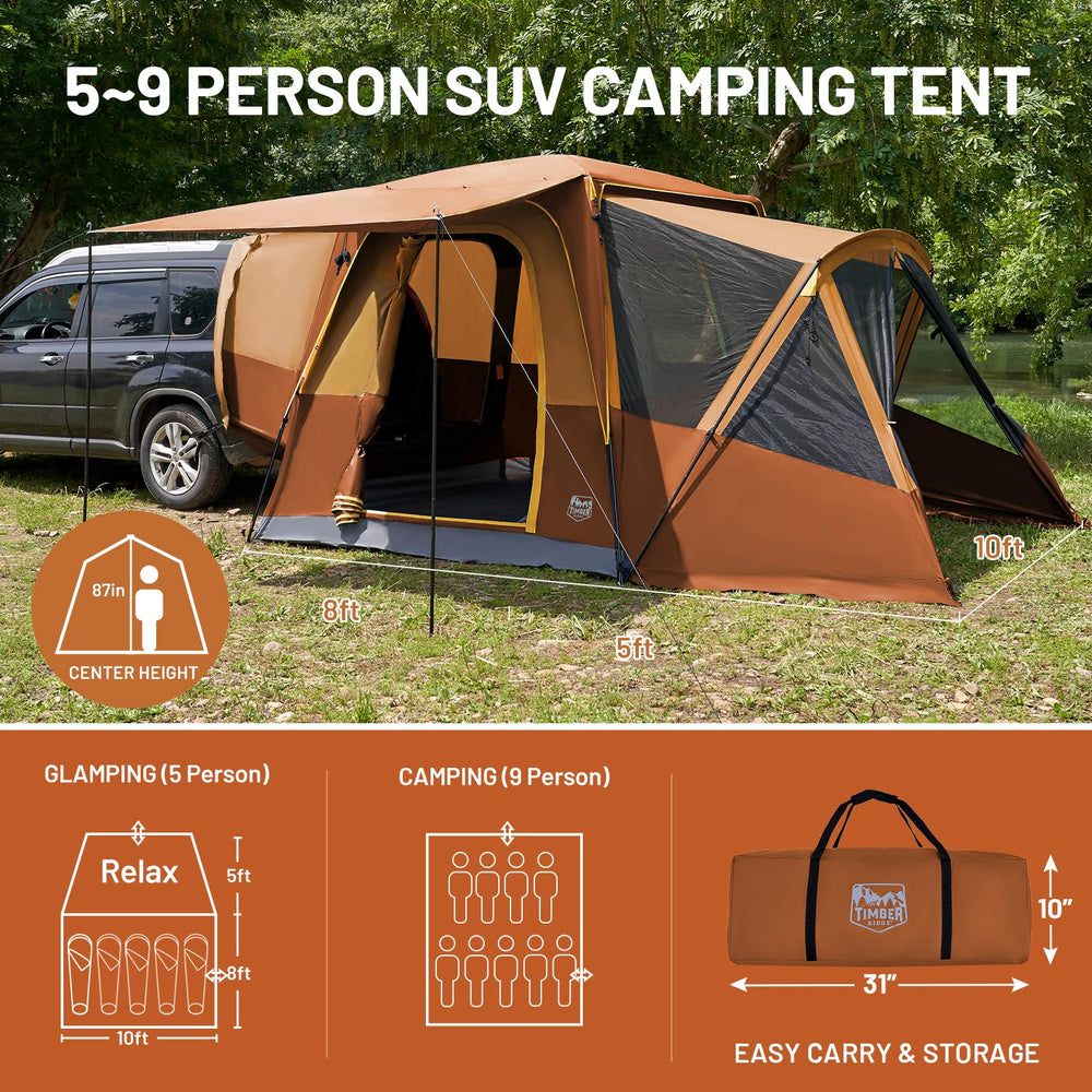 Timber Ridge SUV Tent screen porch showcases 6x8 ft protected lounge area.