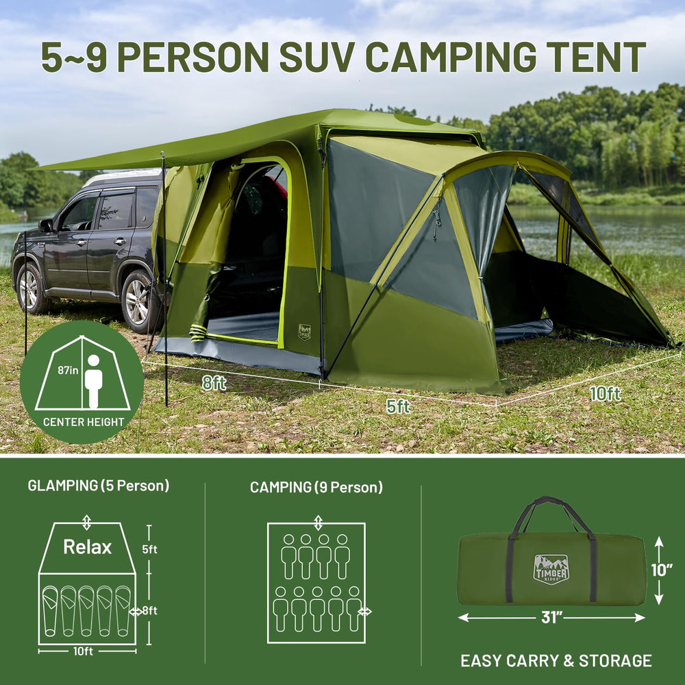 Timber Ridge SUV tent vehicle connection keeps gear accessible in rain.