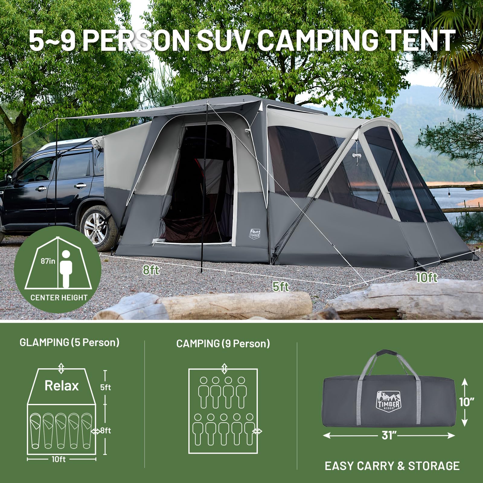 TIMBER RIDGE SUV Tent versatile use fits multiple vehicles and standalone camping.