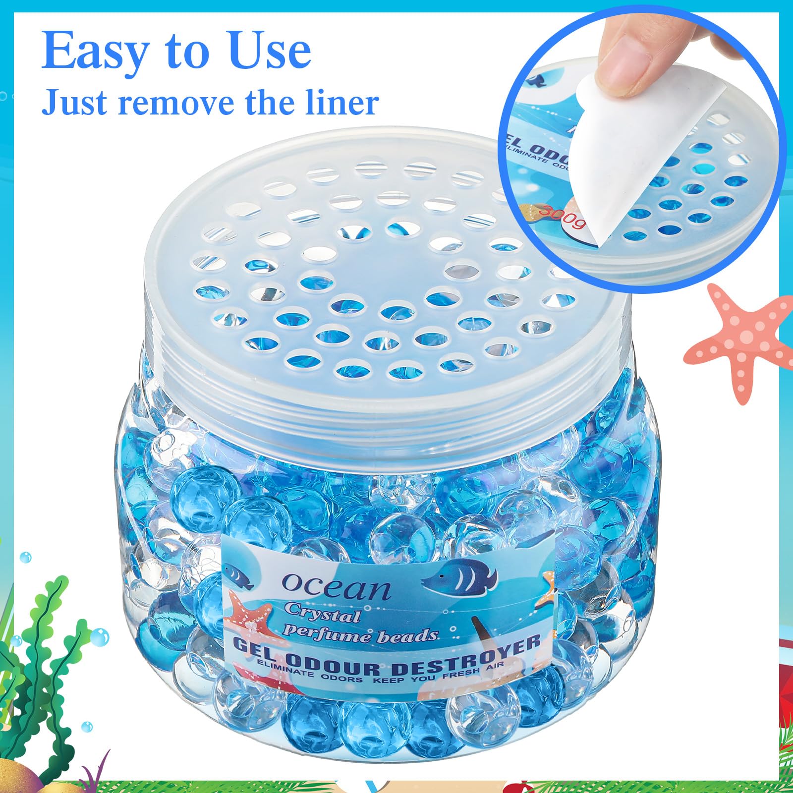 Timgle odor eliminator beads jar close-up showing 10-ounce gel beads
