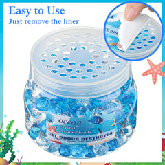 Timgle odor eliminator beads jar close-up showing 10-ounce gel beads