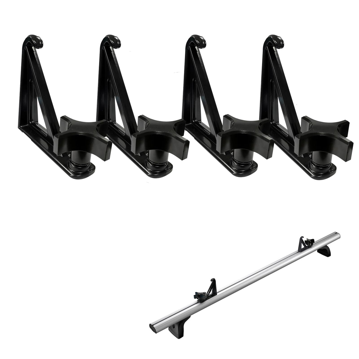 Timilge load stops bracket secures a ladder on a crossbar for stable transport.