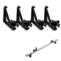 Timilge load stops bracket secures a ladder on a crossbar for stable transport.