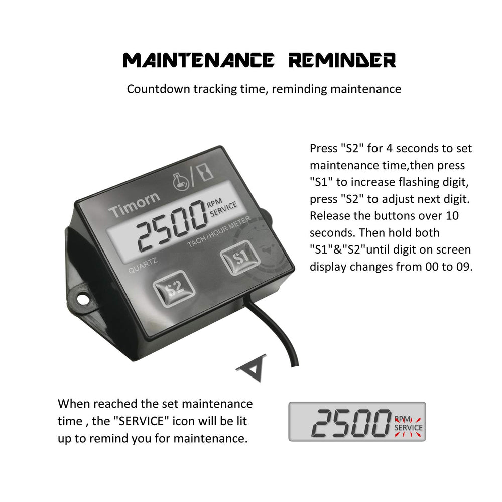 Timorn replaceable battery tachometer, self-powered for maintenance-free readings.