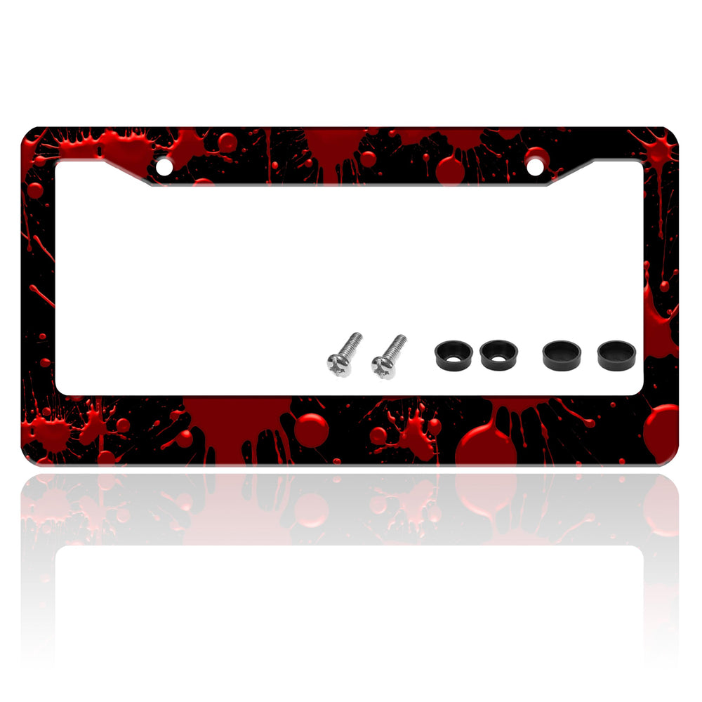 TINALUIN blood-spatter license plate frame in stainless steel with bold design.