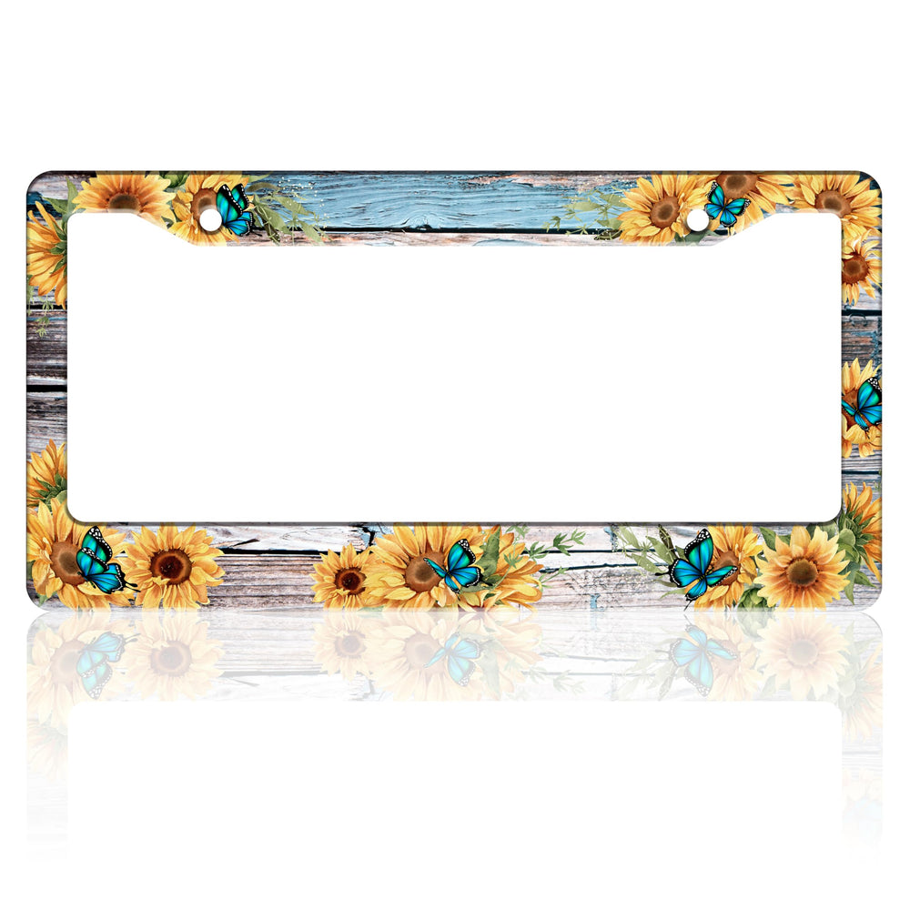 TINALUIN license frame with blue butterfly sunflower design, front view highlighting style and visibility
