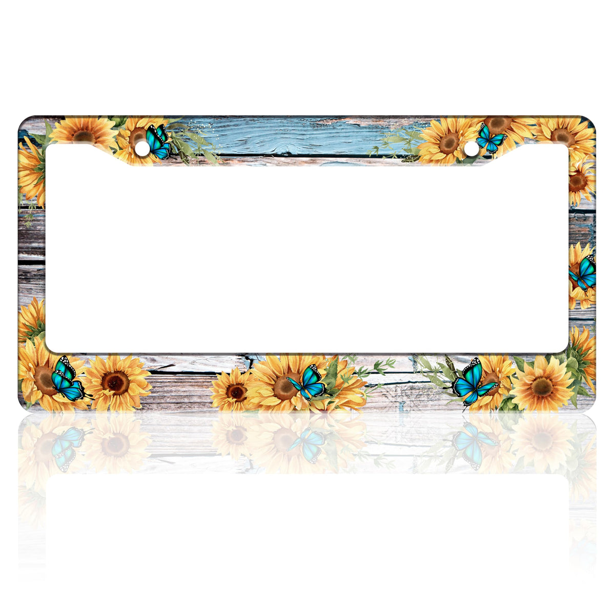 TINALUIN license frame with blue butterfly sunflower design, front view highlighting style and visibility