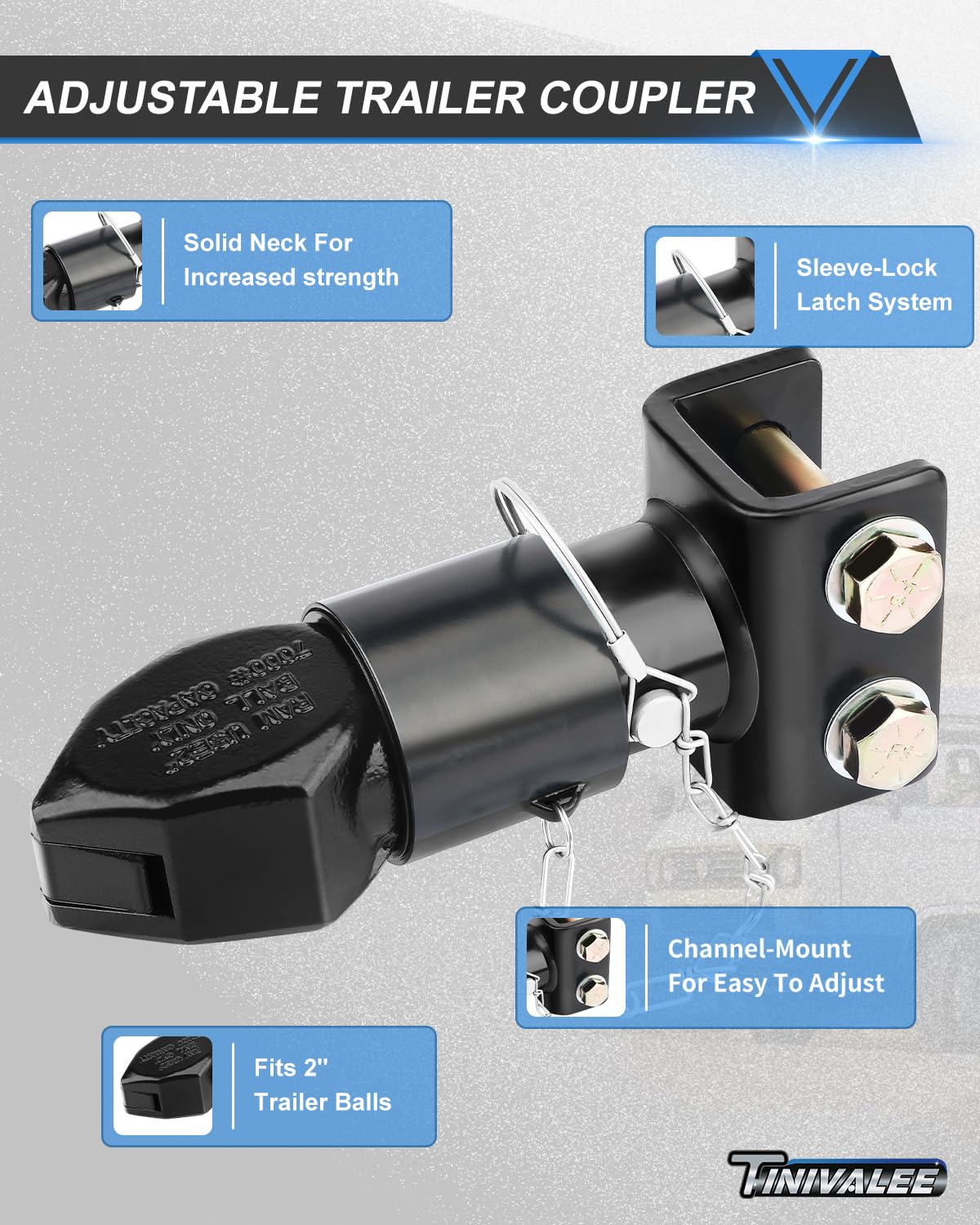 Tinivalee sleeve-lock latch demonstrated for fast, snug trailer ball connections.