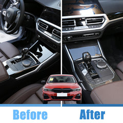 TINKI carbon fiber gear shift panel trim adds a dynamic look.