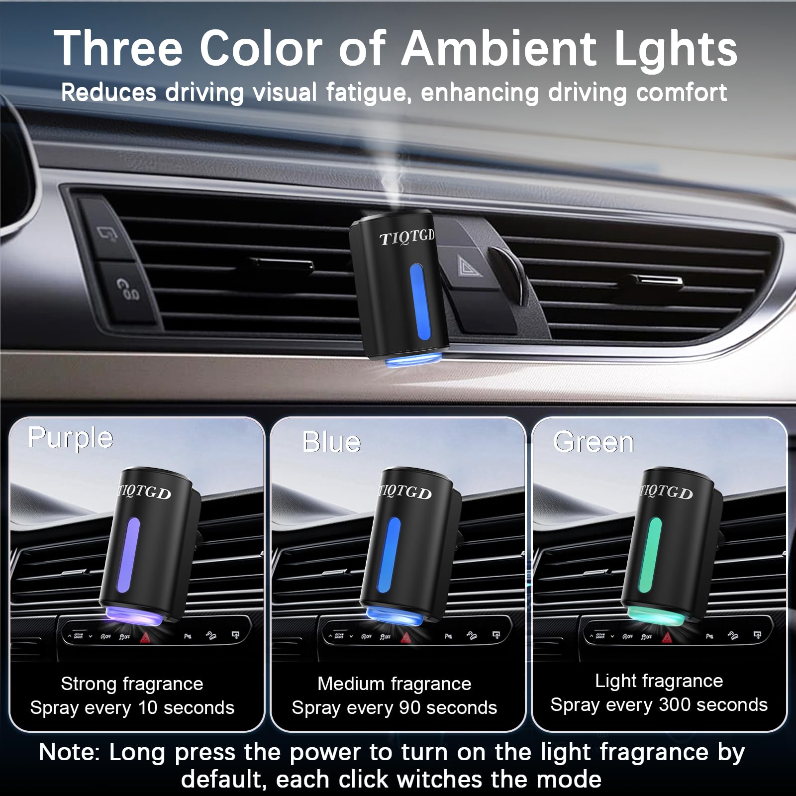 TIQTGD three mode car aroma diffuser showing adjustable spray intervals