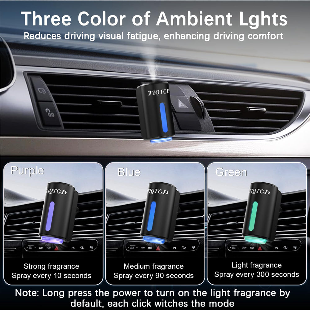 TIQTGD three mode car aroma diffuser showing adjustable spray intervals