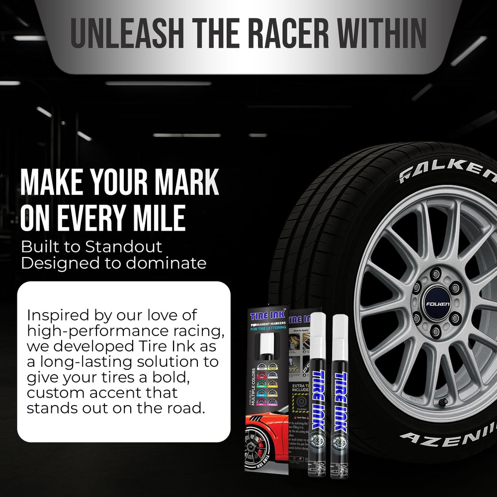 Tire Ink color tire paint pen on car wheel showing white lettering