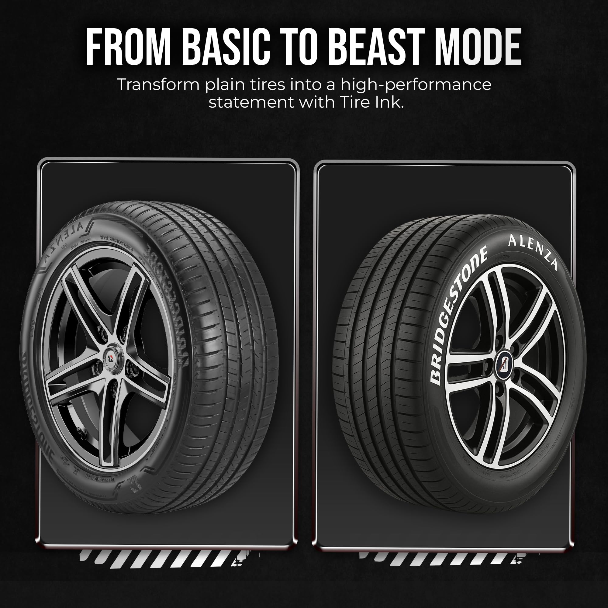 Tire Ink White Tire Paint Pen on-wheel illustrates weatherproof, durable lettering