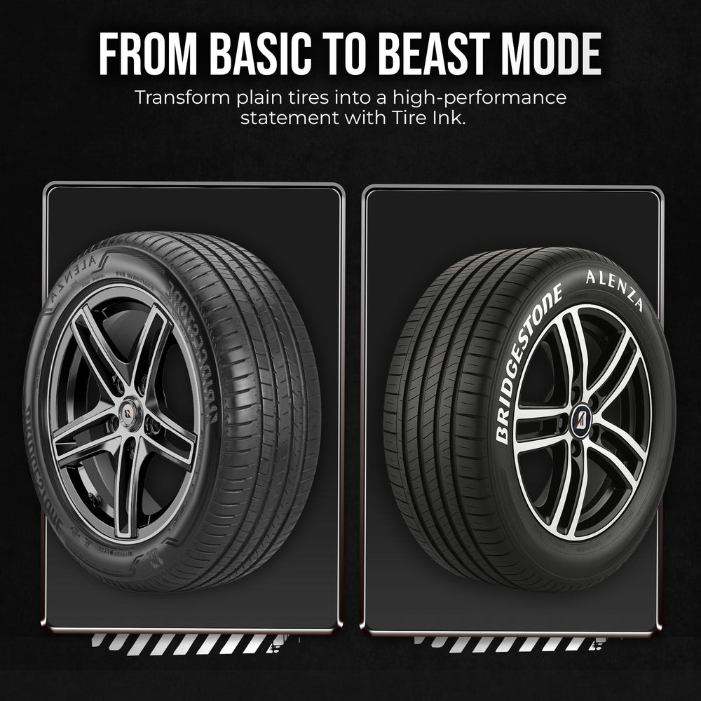 Tire Ink White Tire Paint Pen on-wheel illustrates weatherproof, durable lettering