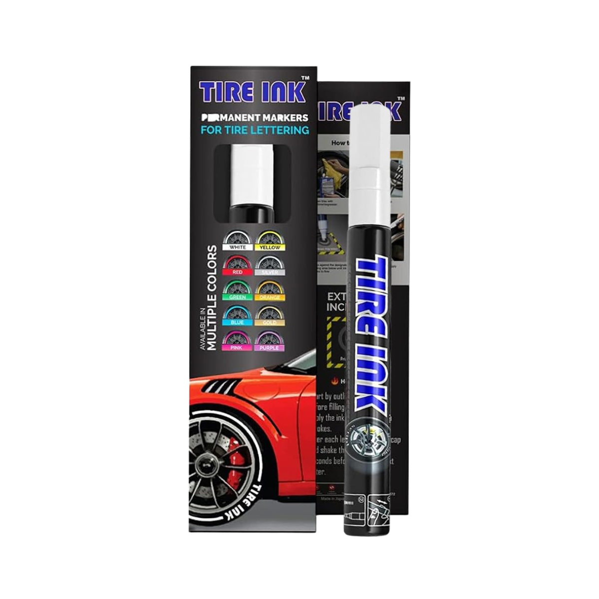 Tire Ink White Tire Paint Pen pack-front shows bold lettering potential on tires