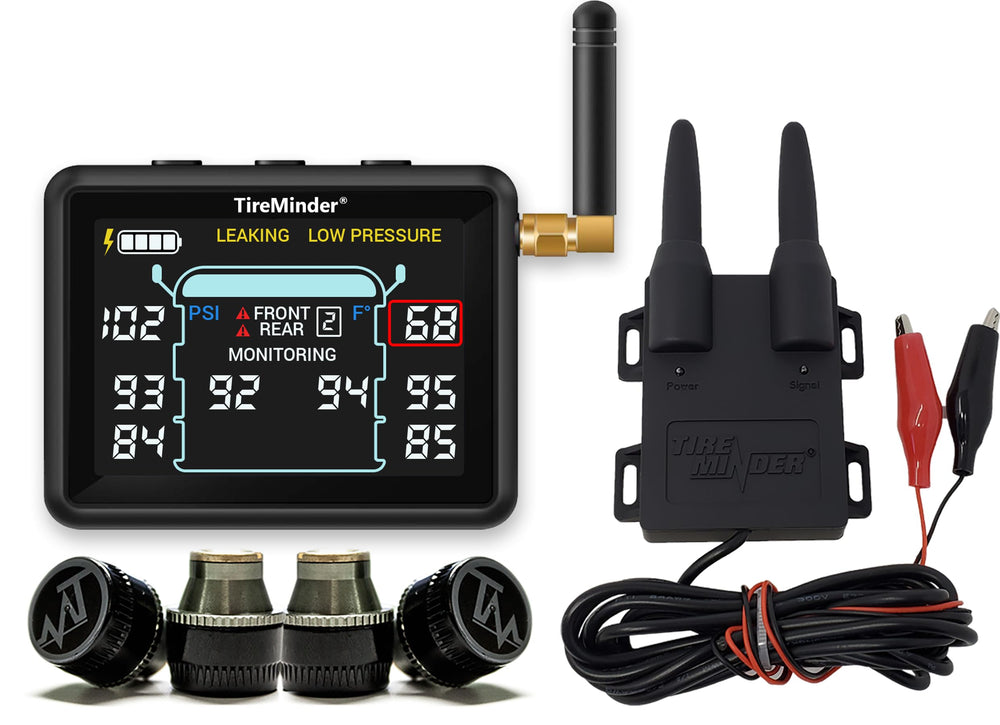 TireMinder i10 with 4 transmitters for multi-vehicle tire monitoring.