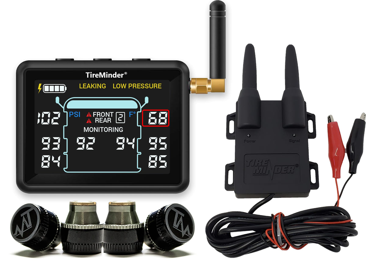 TireMinder i10 with 4 transmitters for multi-vehicle tire monitoring.