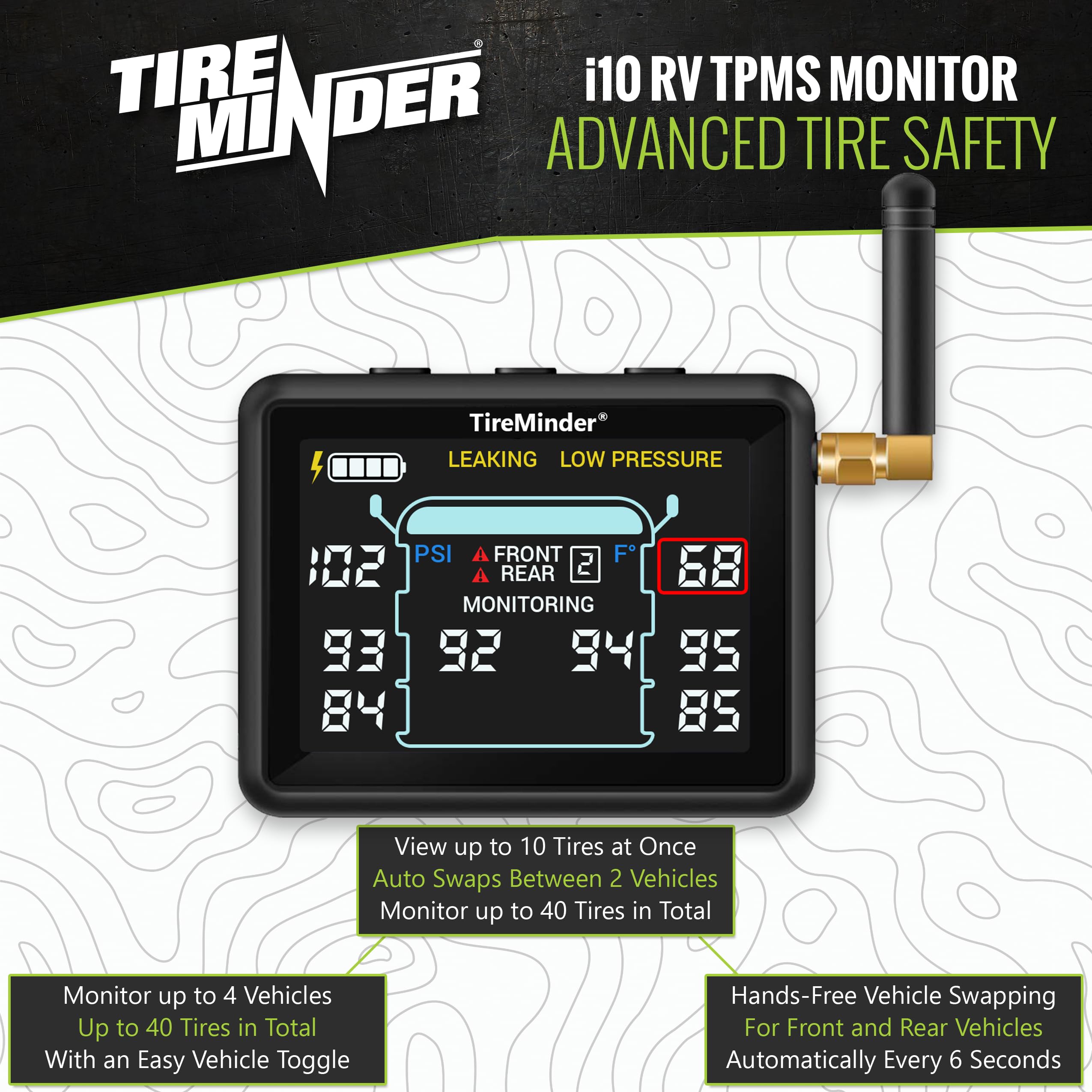 TireMinder i10 color LCD display shows live PSI and temperature at a glance.
