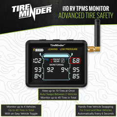 TireMinder i10 color LCD display shows live PSI and temperature at a glance.