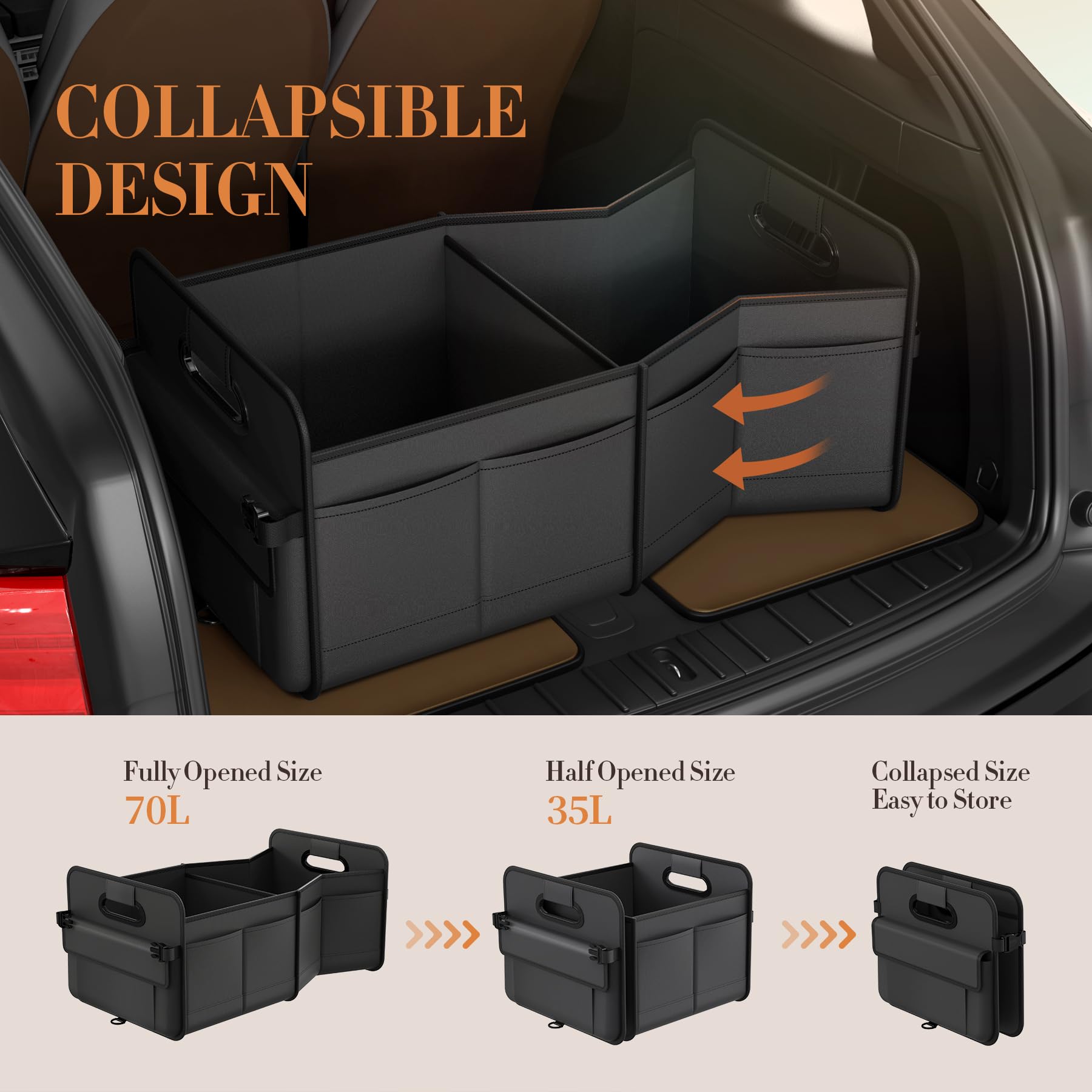 titiyiof trunk organizer showing 70L capacity for varied gear.