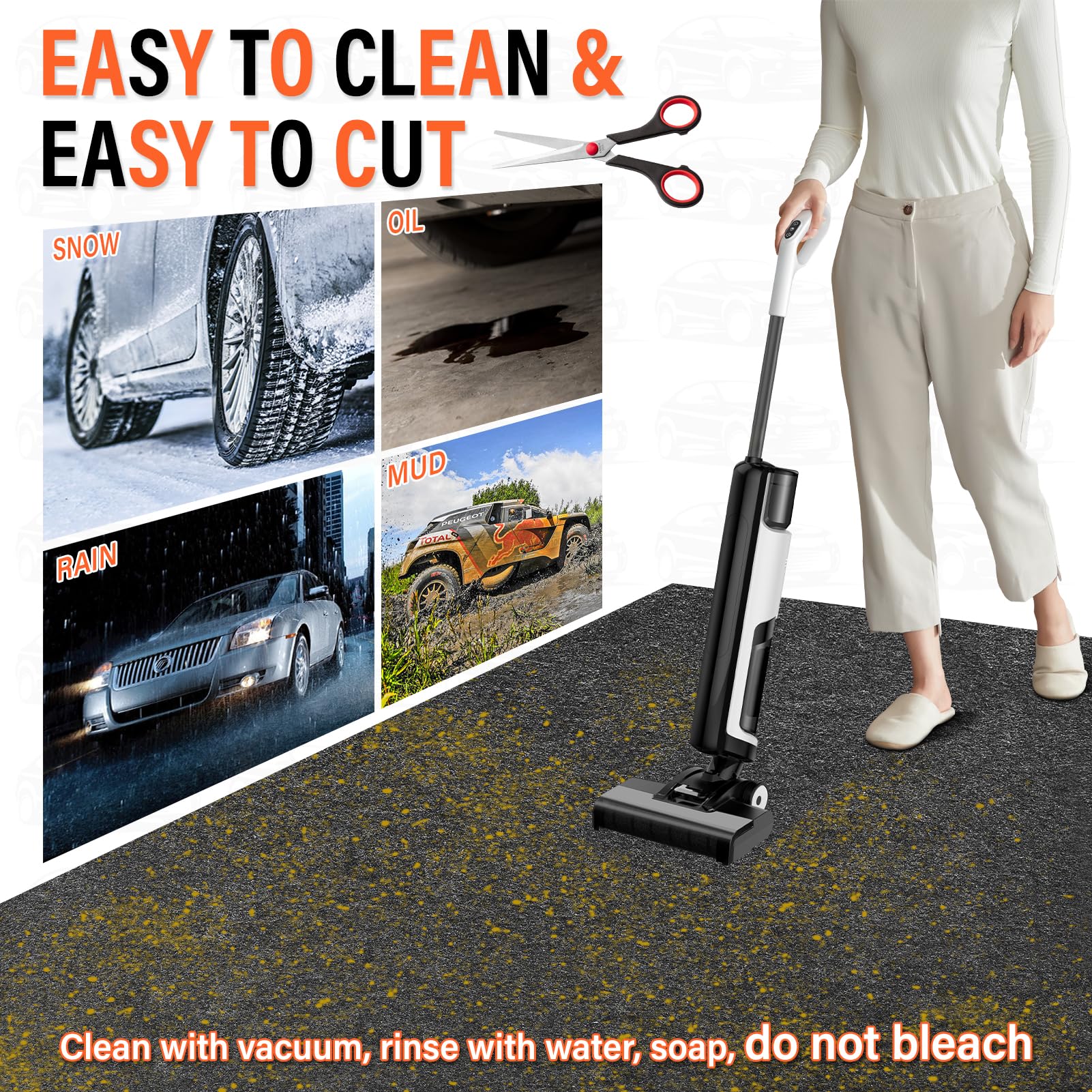 TIXANF garage floor mat is easy to clean with vacuum or hose.