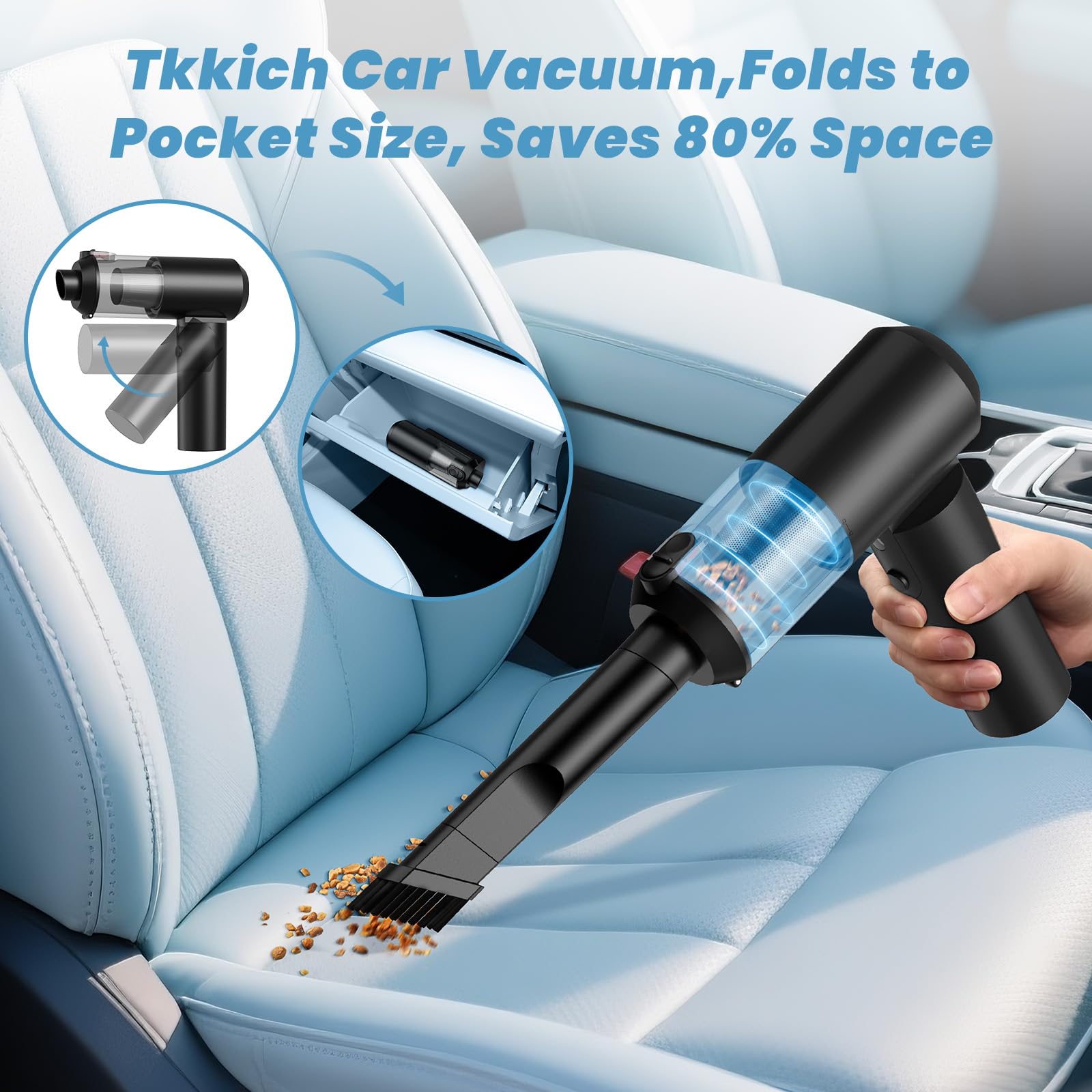 Tkkich 17000PA suction powers away dust and crumbs from car interiors.