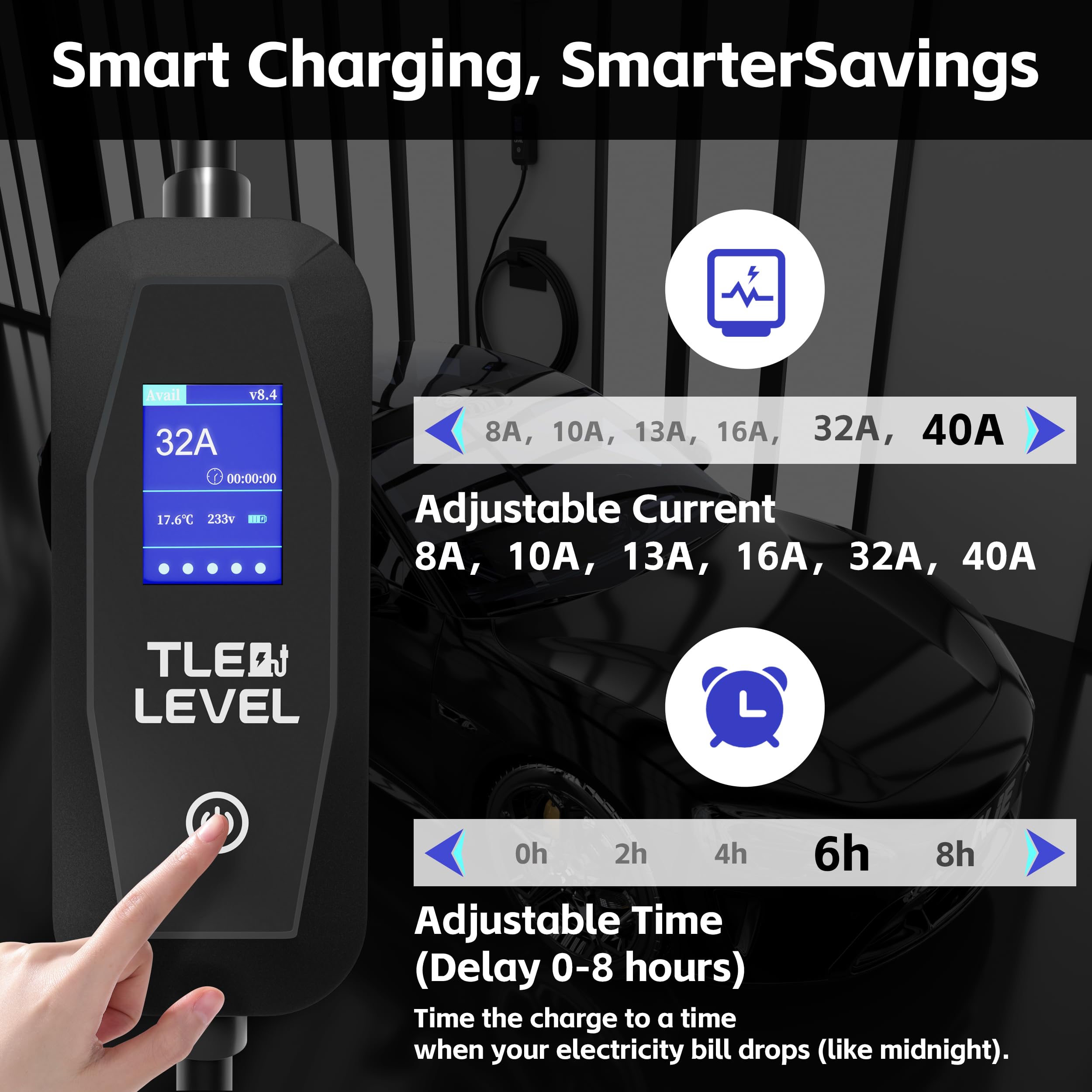 TLE LEVEL EV Charger with a 25-foot cable for flexible parking.