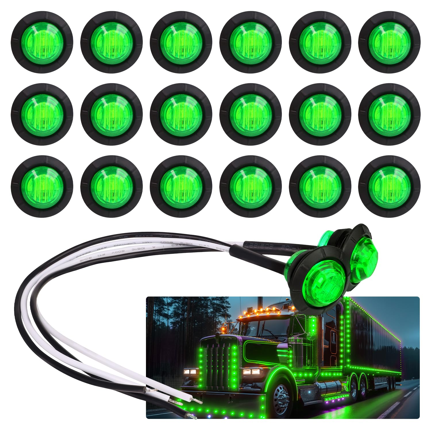 TMH 20pcs 3-4 inch green LED side-marker light for universal 12V vehicles.