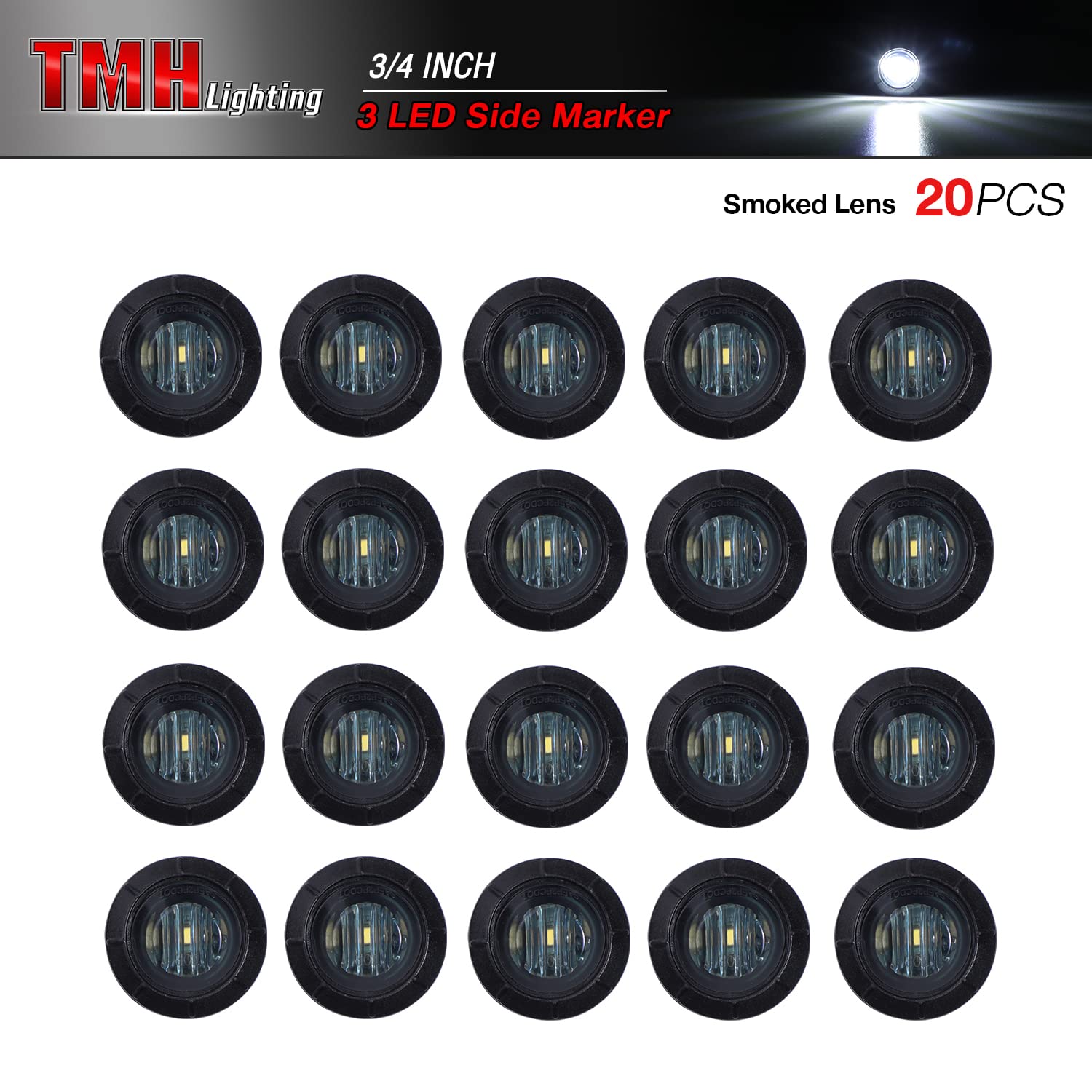TMH smoked-lens round marker rear view ensures visibility from behind on RVs and buses.