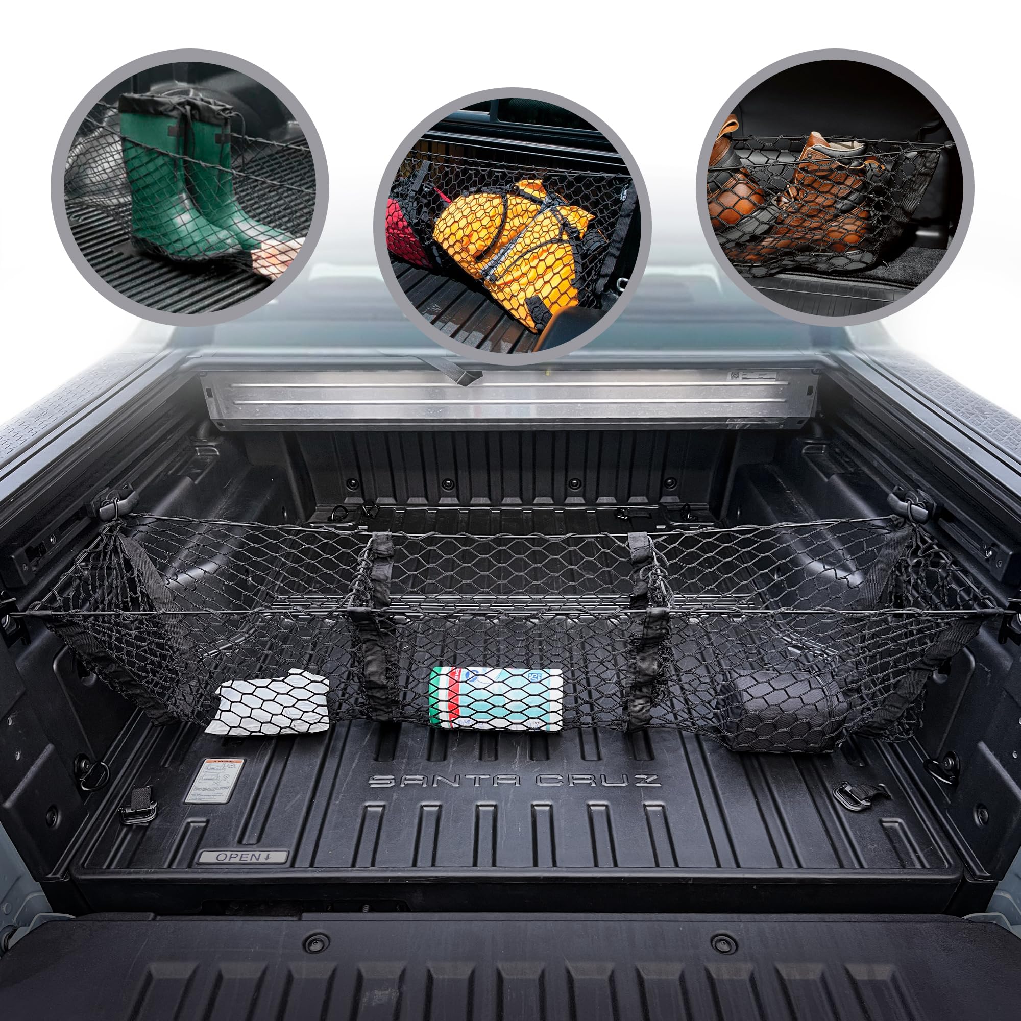 TN TrunkNets 3-pocket elastic trunk cargo net keeps Hyundai Santa Cruz cargo organized