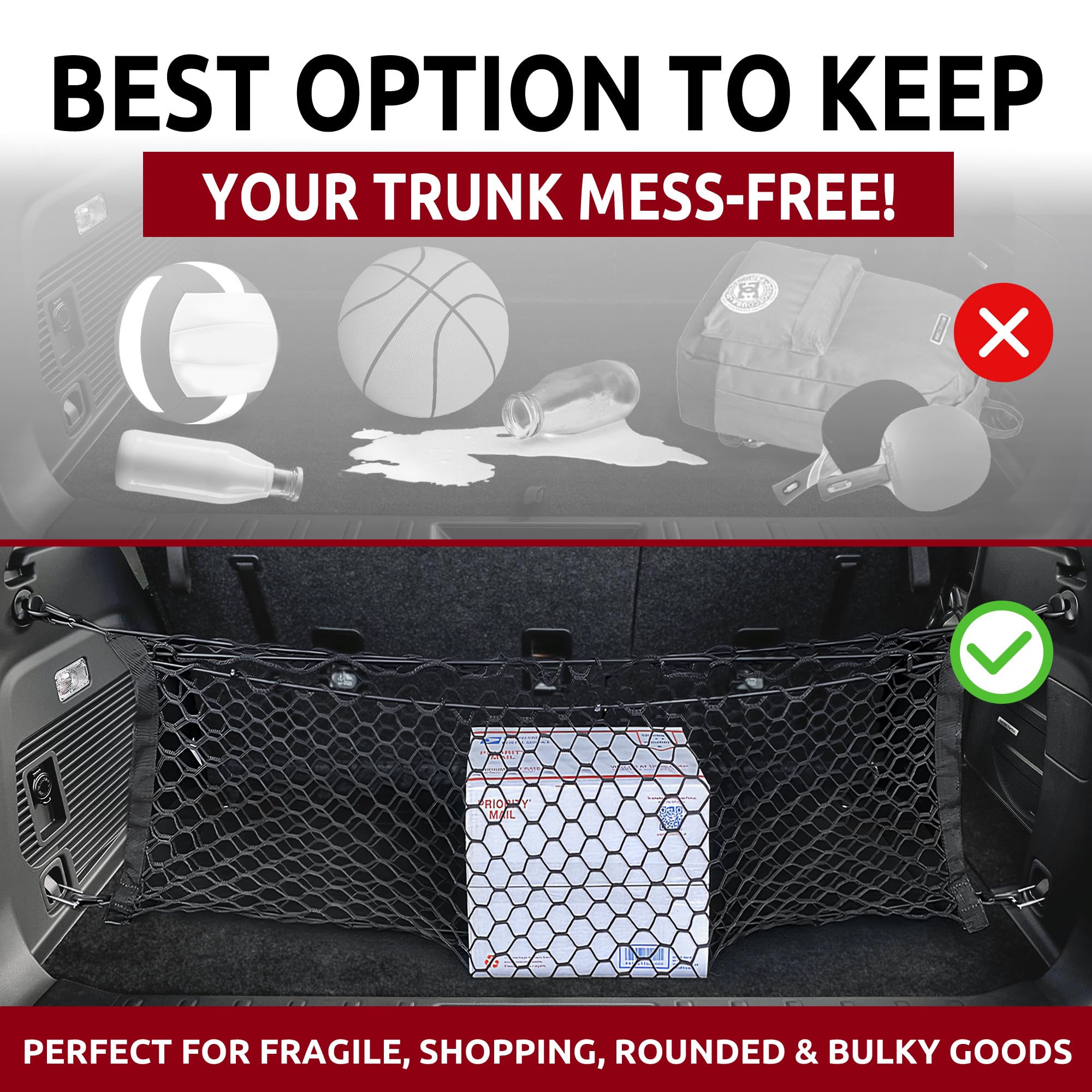 TN TrunkNets folded-flat trunk net storage keeps the cargo area tidy