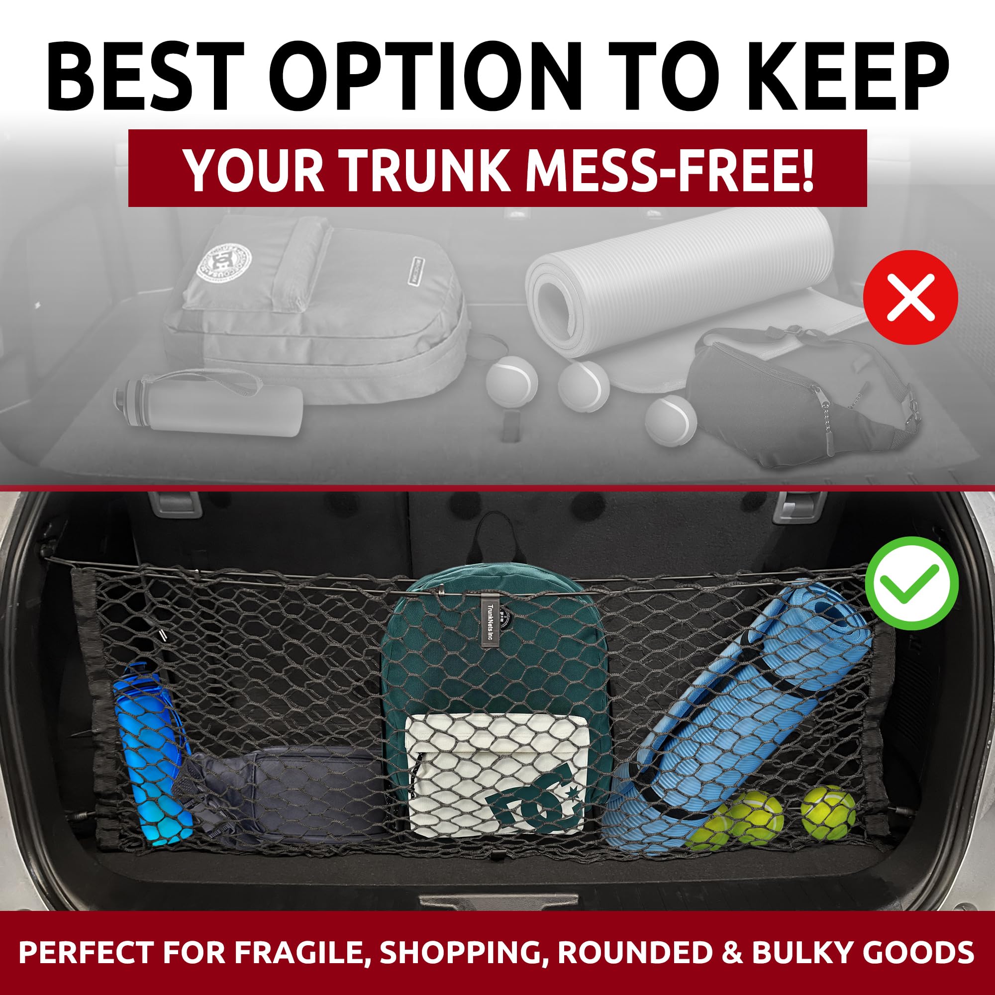 TN TrunkNets groceries-stowed cargo net keeps groceries upright and organized.