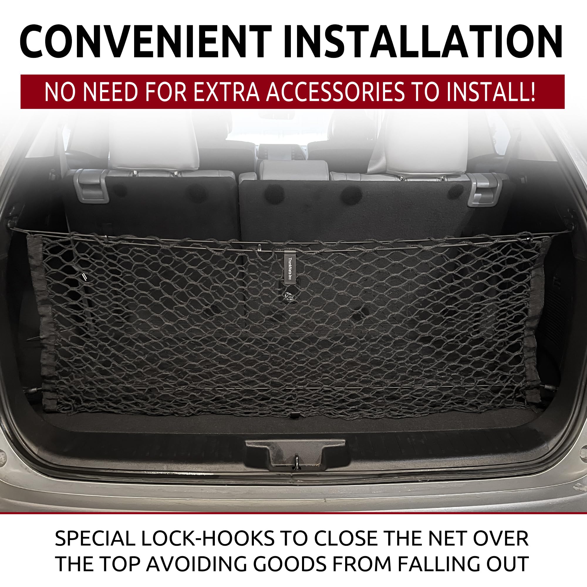 TN TrunkNets Highlander cargo net demonstrates stretchy mesh for stable storage.
