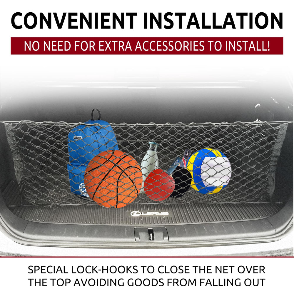 TN TrunkNets installation close-up with upside-down hooks enabling quick, tool-free mounting.
