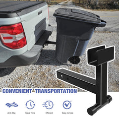 Garbage hauling hitch attachment mounted for bin retrieval on uneven surfaces