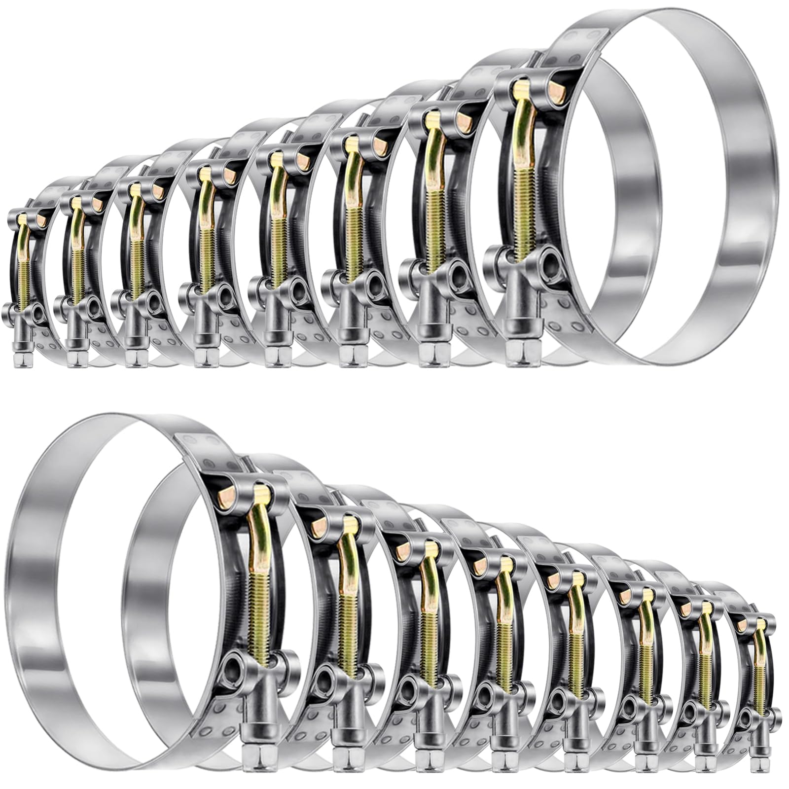 Tnisesm 16-piece T-bolt hose clamp kit laid out for versatile sizing and quick fitting.