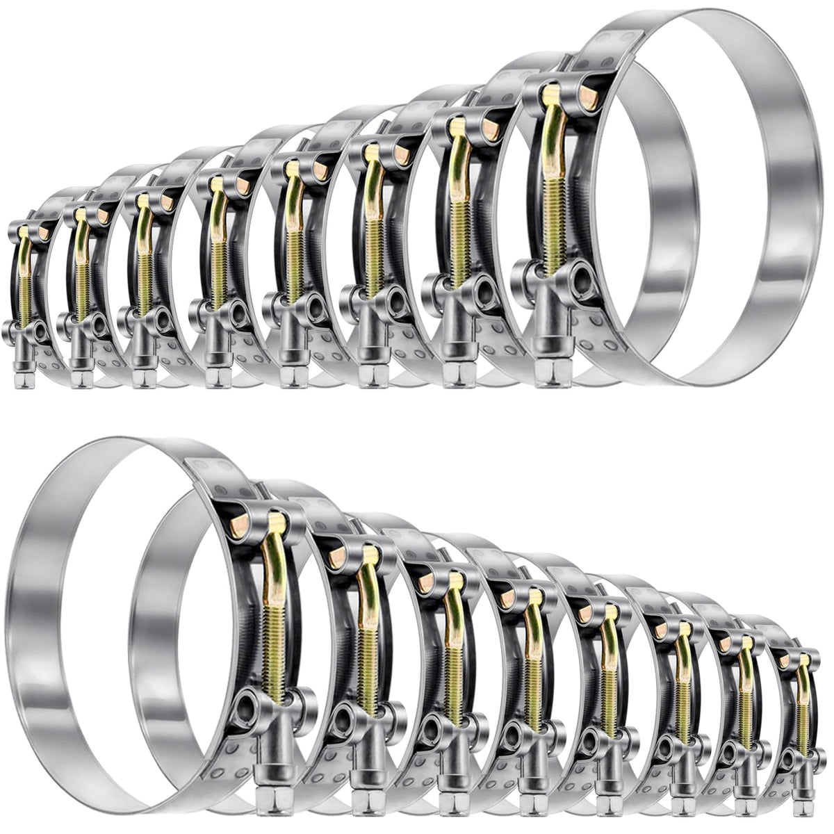 Tnisesm 16-piece T-bolt hose clamp kit laid out for versatile sizing and quick fitting.