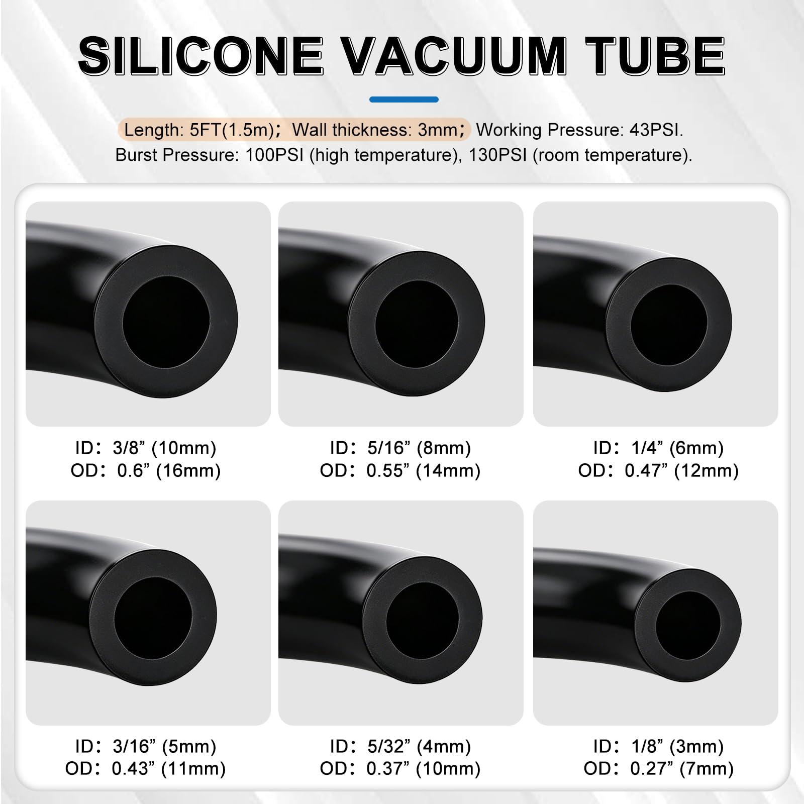 Tnisesm 5ft silicone vacuum hose with multiple diameters for versatile connections.