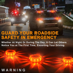 Tobfit LED flare on magnetic base attaching to vehicle body during roadside use.