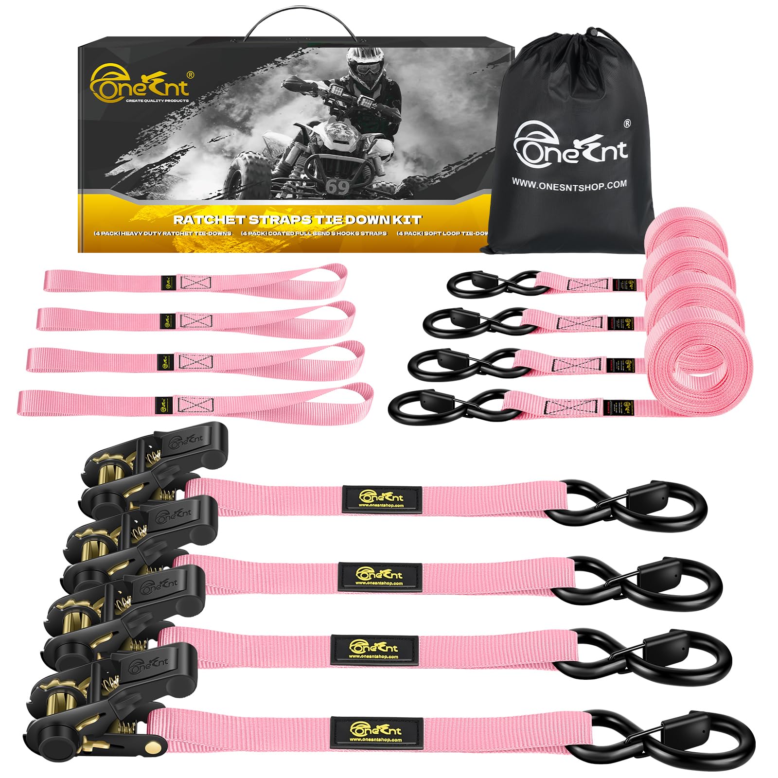 TOBUMO 4Pcs ratchet tie down straps 16ft pink securing cargo on trucks