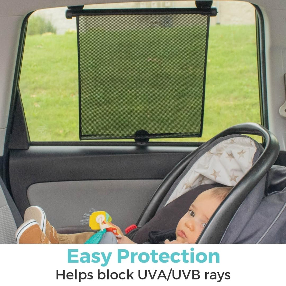 Toddleroo by North States retractable car shade with one-touch button for quick use.