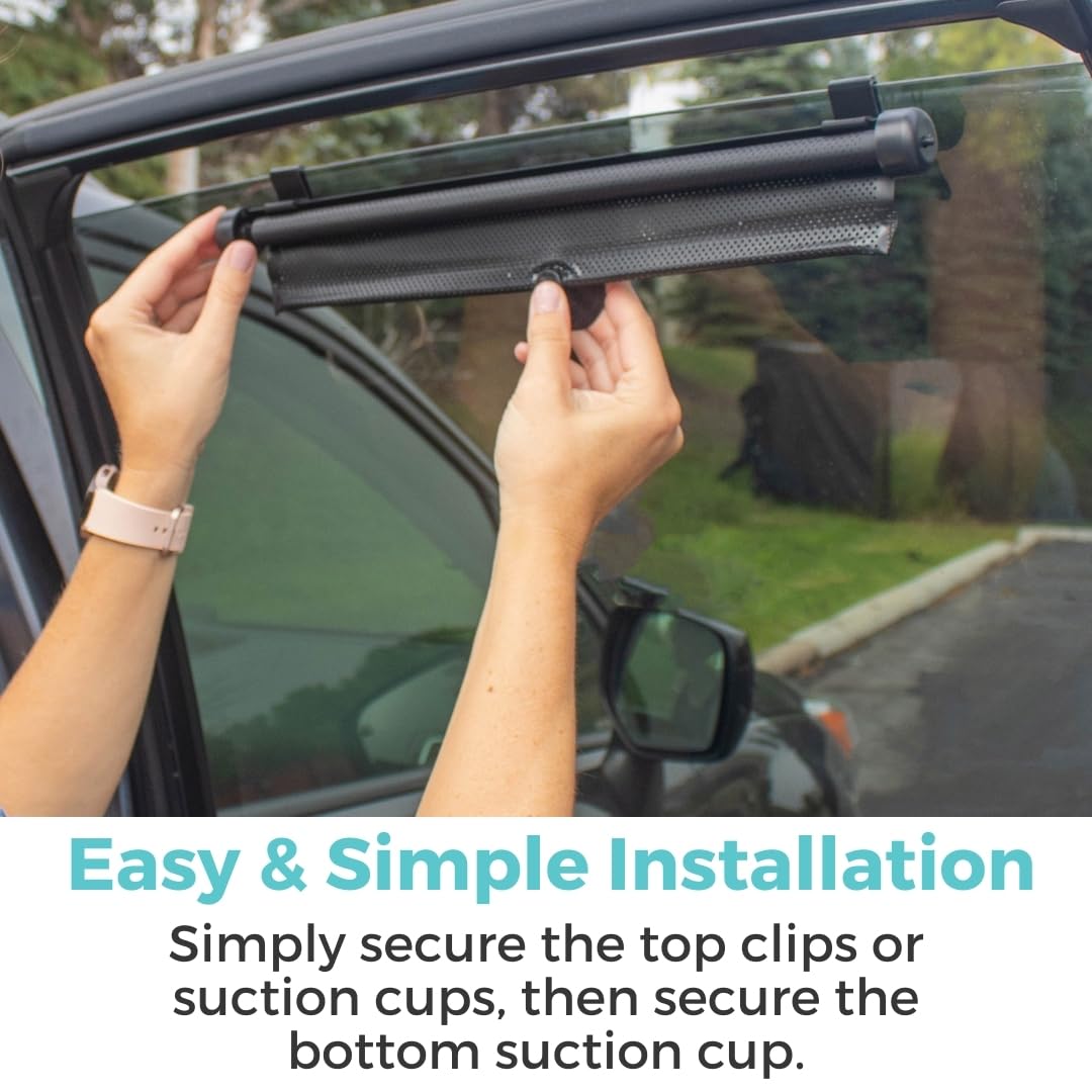 Toddleroo by North States universal-fit shade blocks glare on most vehicle side windows.