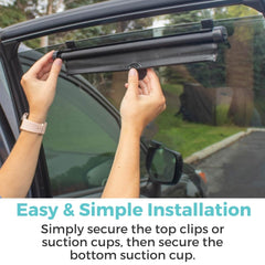 Toddleroo by North States universal-fit shade blocks glare on most vehicle side windows.