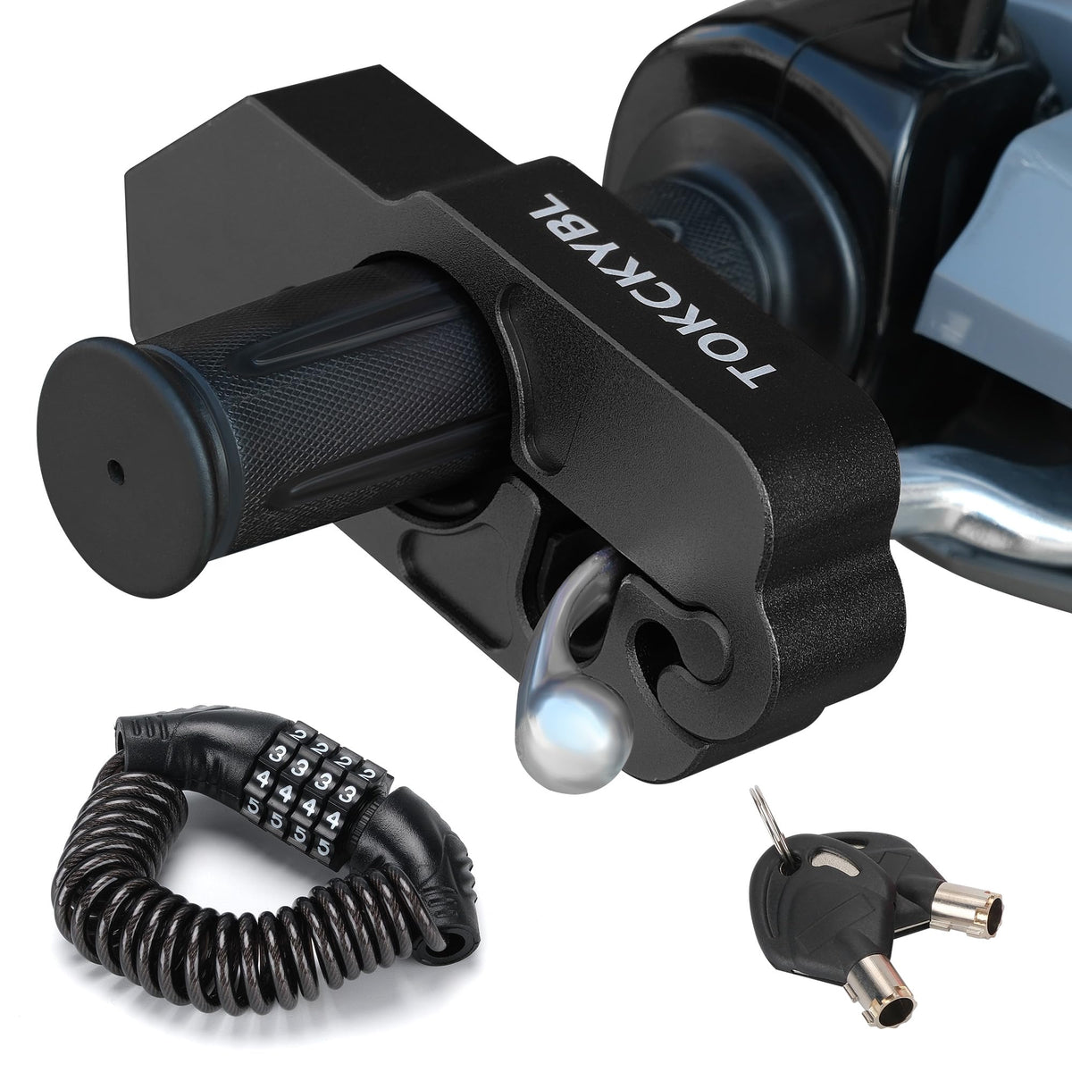 TOKCKYBL motorcycle lock on handlebars shows theft deterrence during rides