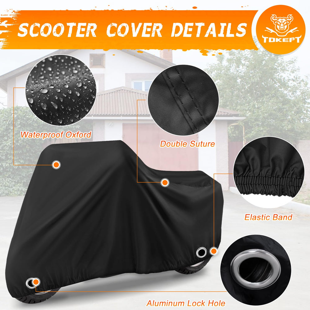 TOKEPT Scooter Cover shows windproof buckles for secure outdoor use.